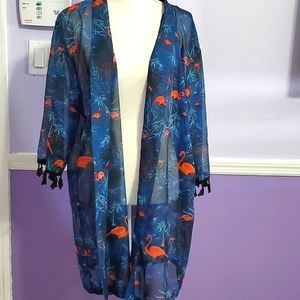 Questions Boho Gypsy Blue Flamingos Beach Longline Shawl Swim Coverup OS
